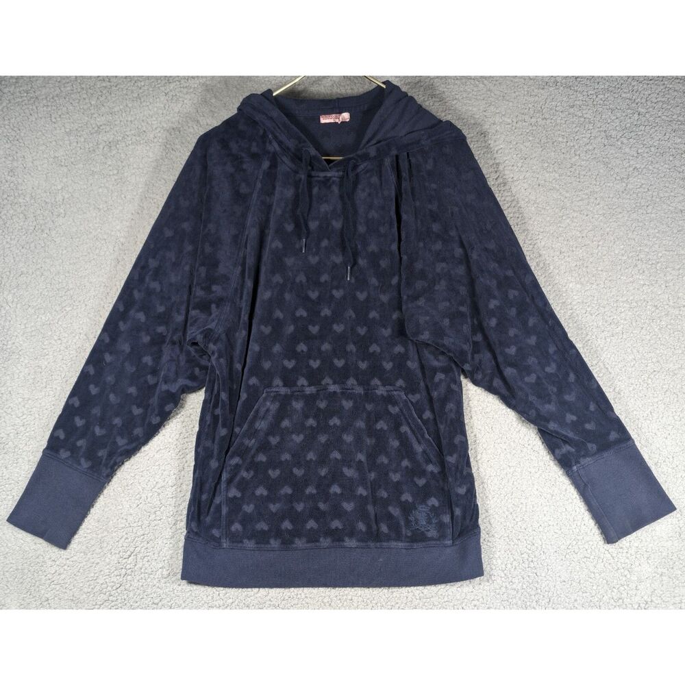 Juicy Couture Hoodie Womens Size Small Navy Blue Vintage Velour Sweater Hearts
